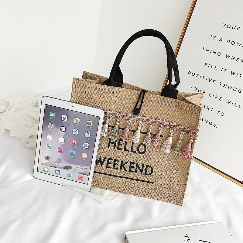 Women Large Capacity Linen Tote Bag with Tassel Shoulder Strap