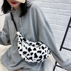 Retro Cow Printed Shoulder Bag Casual Plush Shopper Saddle Bag Female Handbag