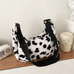 Retro Cow Printed Shoulder Bag Casual Plush Shopper Saddle Bag Female Handbag