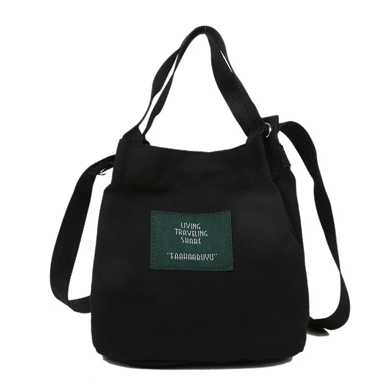 Literature Girl Canvas Shoulder Bag Solid Bucket Crossbody Bag