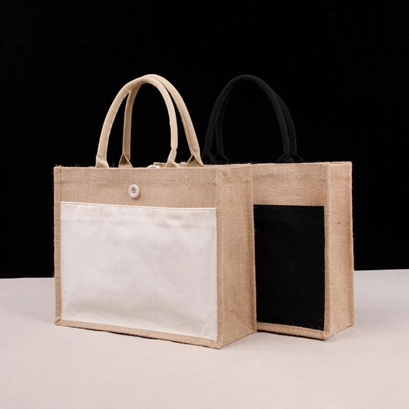 Women Jute Tote Shopping Bag Reusable Beach Burlap Handbag