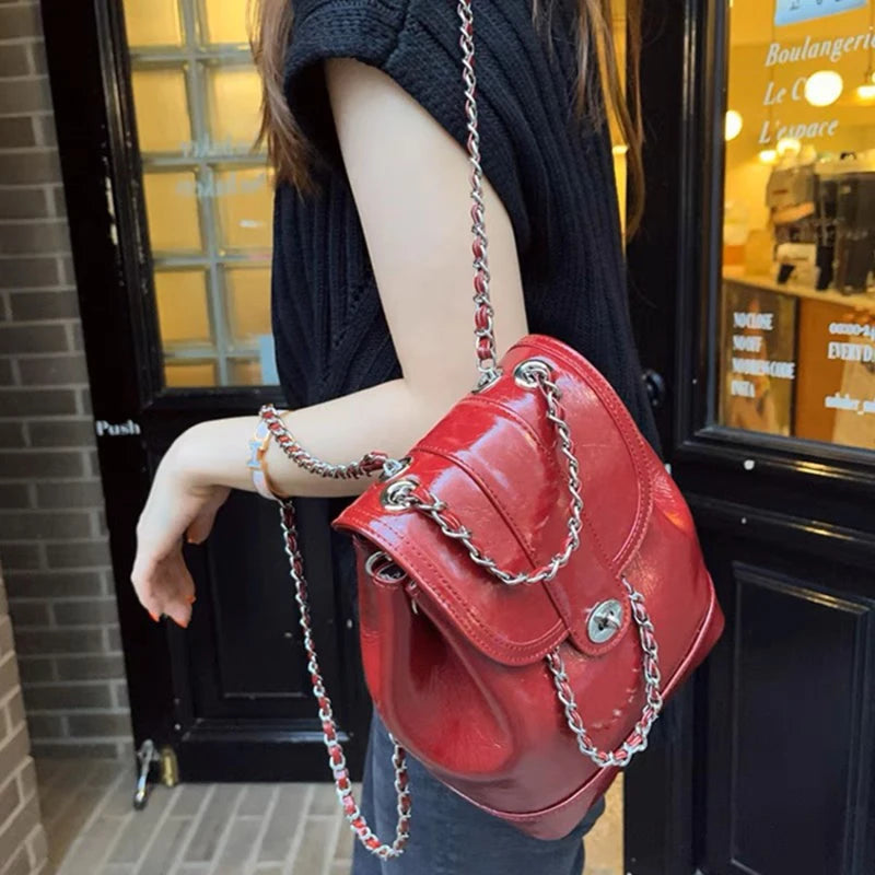 Women Korea Mini Chains Backpack Oil Wax Leather Shoulder Bag