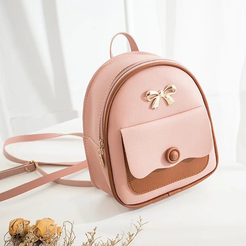Women Mini Backpack Bow Patchwork Multi-Functional Small PU Leather Bag