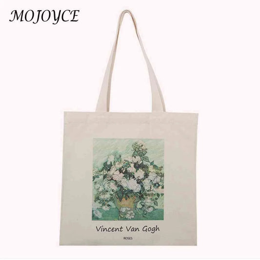 Canvas Van Gogh Oil Painting Grocery Shopper Storage Bag Zipper Foldable Travel