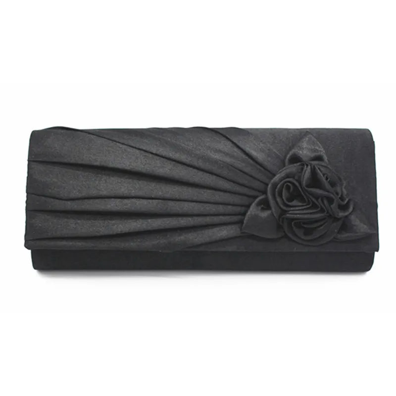 Silk Rose Pattern Clutch Purse Chain Handbag Evening Party Bag