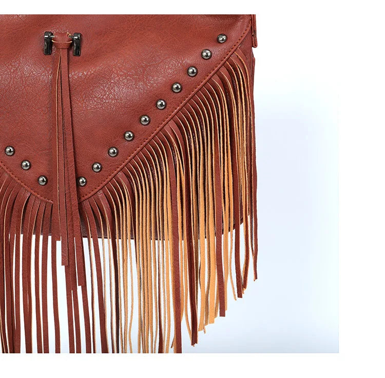 Women Lady Girl Rivet Shoulder Bag Messenger Soft PU Tassel Solid