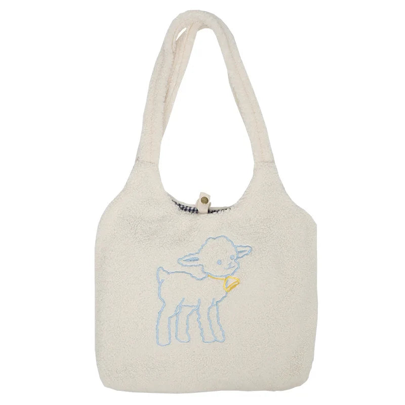 Women Lamb Fabric Shoulder Bag Canvas Handbag Tote Large Capacity Shopping Bag