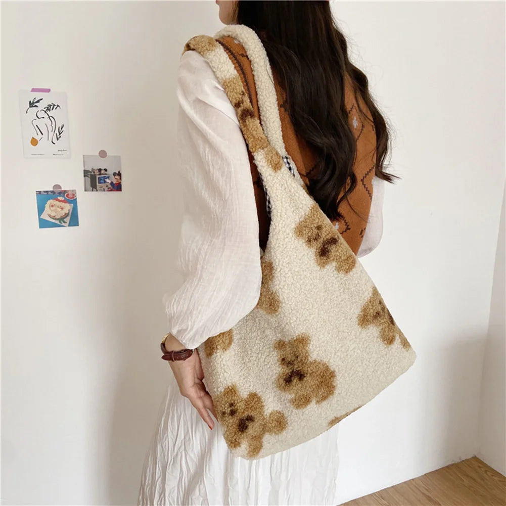 Soft Lamb Fabric Shoulder Tote Bag - Fluffy Bear Handbags