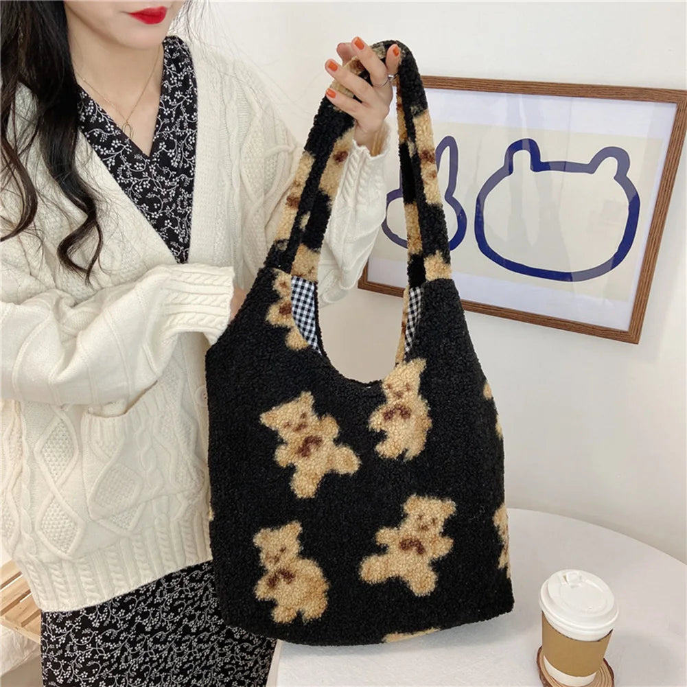 Soft Lamb Fabric Shoulder Tote Bag - Fluffy Bear Handbags