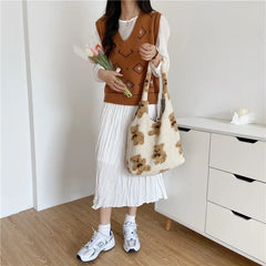 Soft Fluffy Fur Bear Shoulder Tote Bag Canvas Handbag