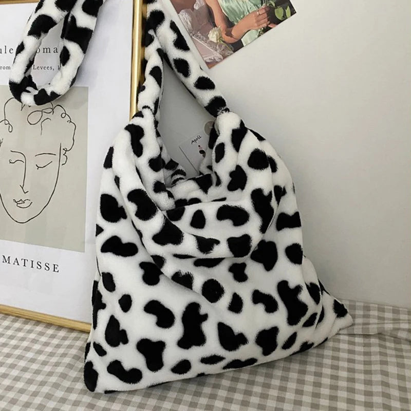 Soft Shoulder Tote Bag Canvas Fluffy Fur Bear Handbag Large Capacity