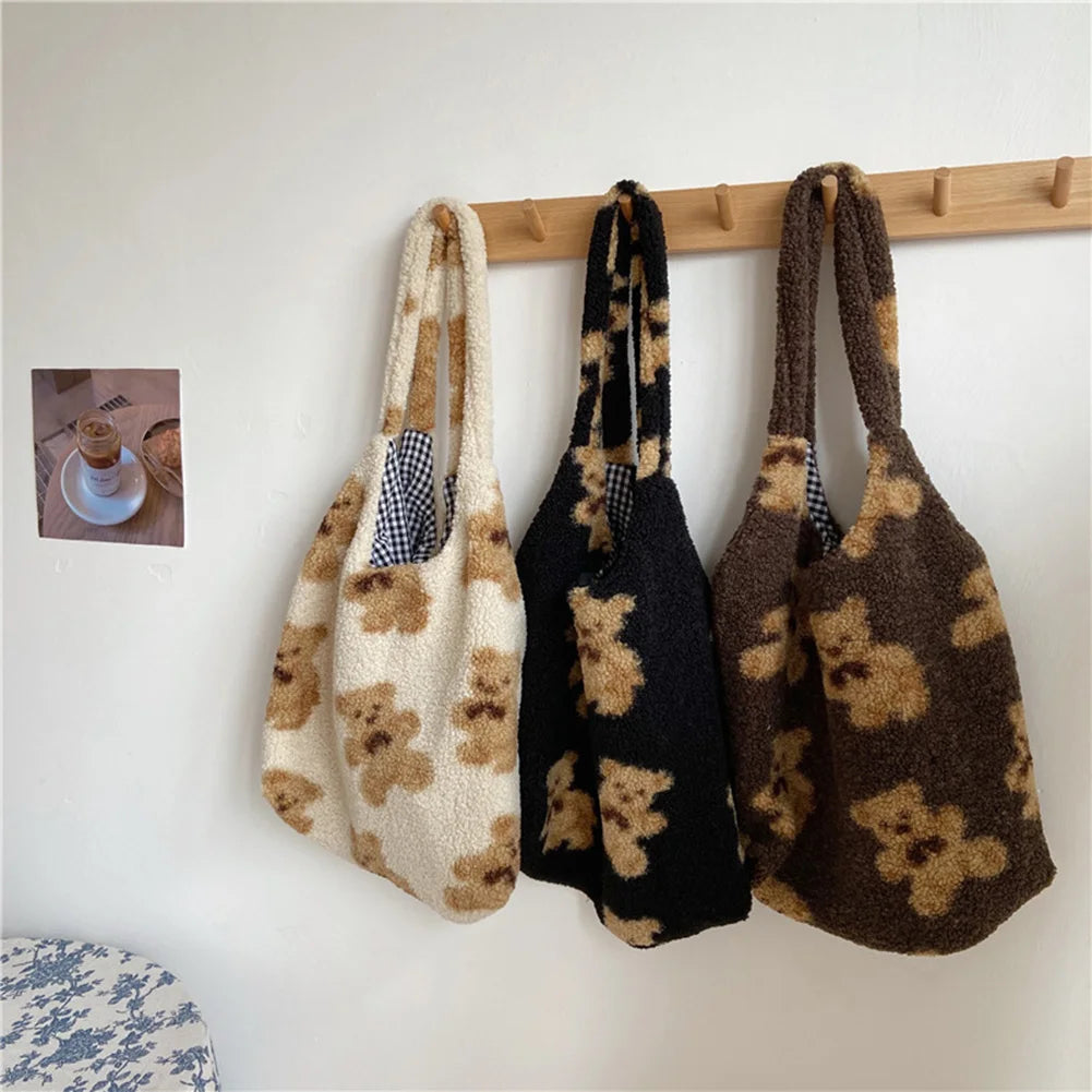 Soft Lamb Fabric Shoulder Tote Bag - Fluffy Bear Handbags