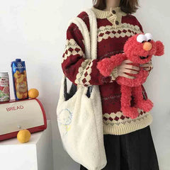 Women Fluffy Shoulder Tote Bag Canvas Handbags Large Capacity Soft Shopping Bag