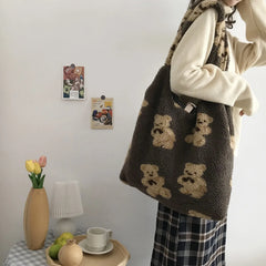 Fluffy Bear Tote Bag Canvas Handbag Soft Plush Shoulder Bag Large Capacity