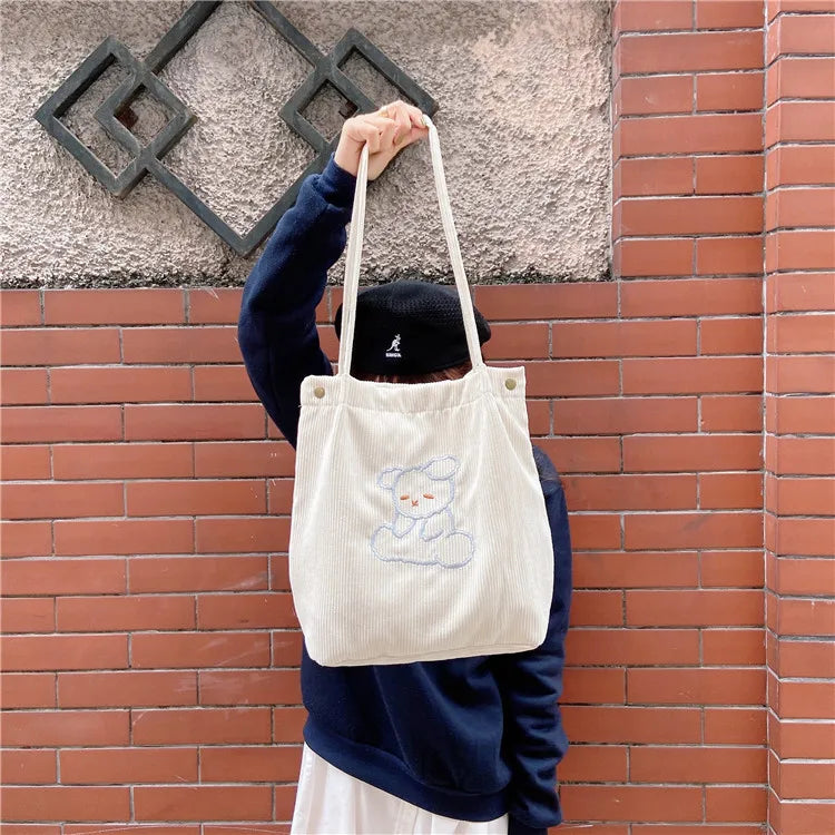 Corduroy Tote Bag Eco Reusable Shopping Handbag Bear Shoulder Bag