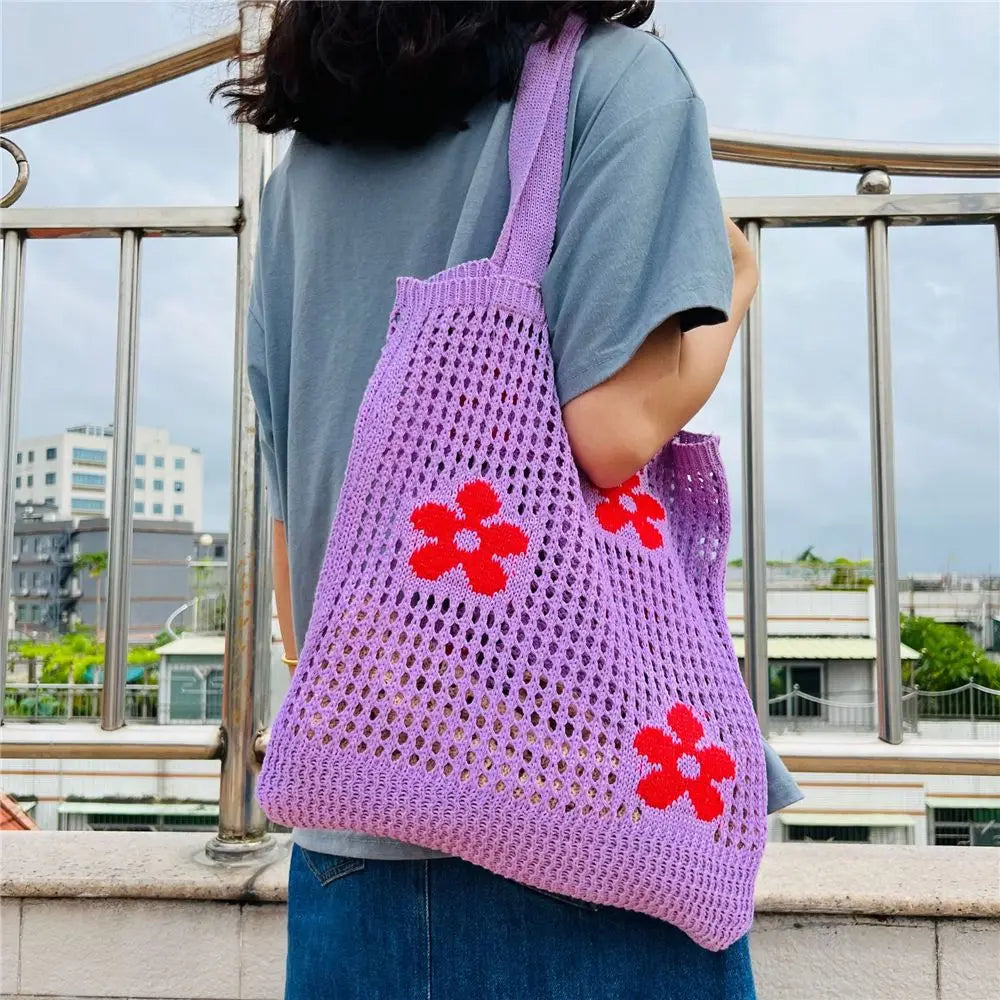 Women Large Capacity Shoulder Bags Knitting Flower Handbags Crochet Hobo Bag