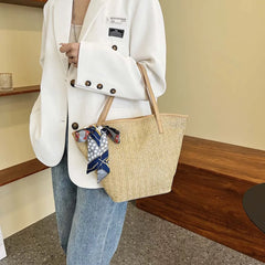 Large Capacity Beach Woven Shoulder Tote Bag with Silk Scarf