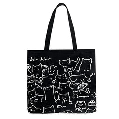Cartoon Cat Canvas Tote Bag Large Shopper Bag with Zipper