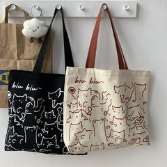 Cartoon Cat Canvas Tote Bag Large Shopper Bag with Zipper