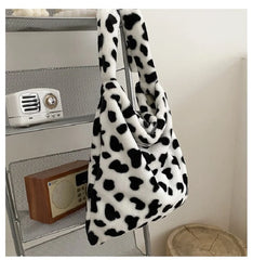 Cow Print Plush Shoulder Bag Soft Fuzzy Crossbody Purse