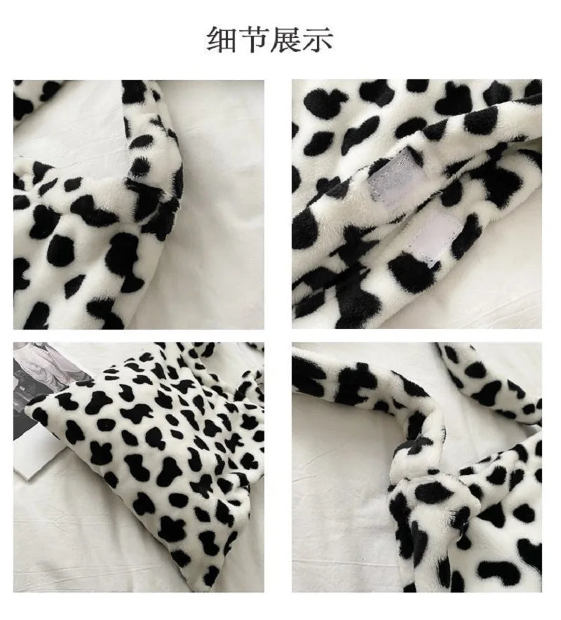 Cow Print Plush Shoulder Bag Soft Fuzzy Crossbody Purse
