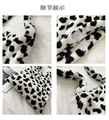 Cow Print Plush Shoulder Bag Soft Fuzzy Crossbody Purse