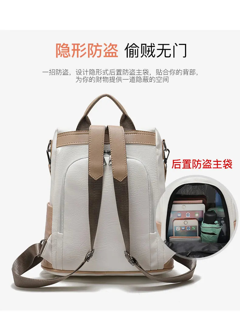Women's Beige Khaki Leather Backpack