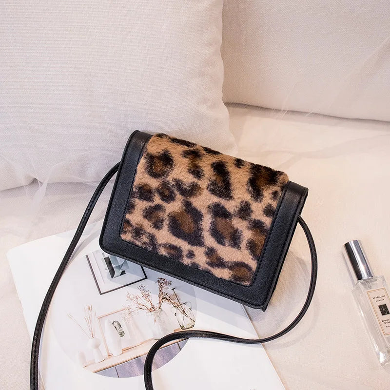 Leather Plush Shoulder Bag Leopard Crossbody Messenger Handbag