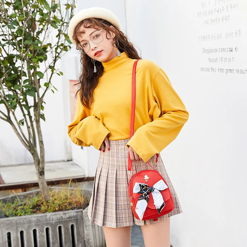 Women Leather Small Backpack Silk Scarf Travel Crossbody Shoulder Bags