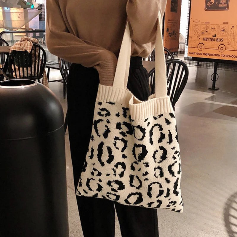 Leopard Knitting Tote Shoulder Bag Weave Handbag Large Capacity Soft Shopping Ba