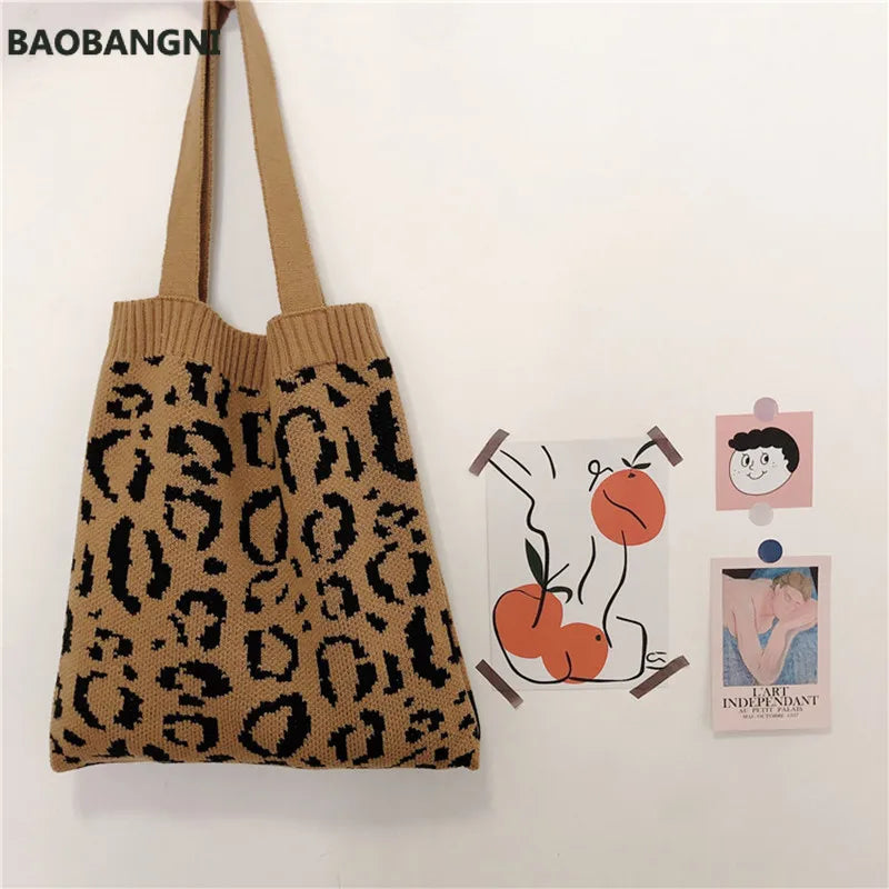 Leopard Knitting Tote Shoulder Bag Weave Handbag Large Capacity Soft Shopping Ba