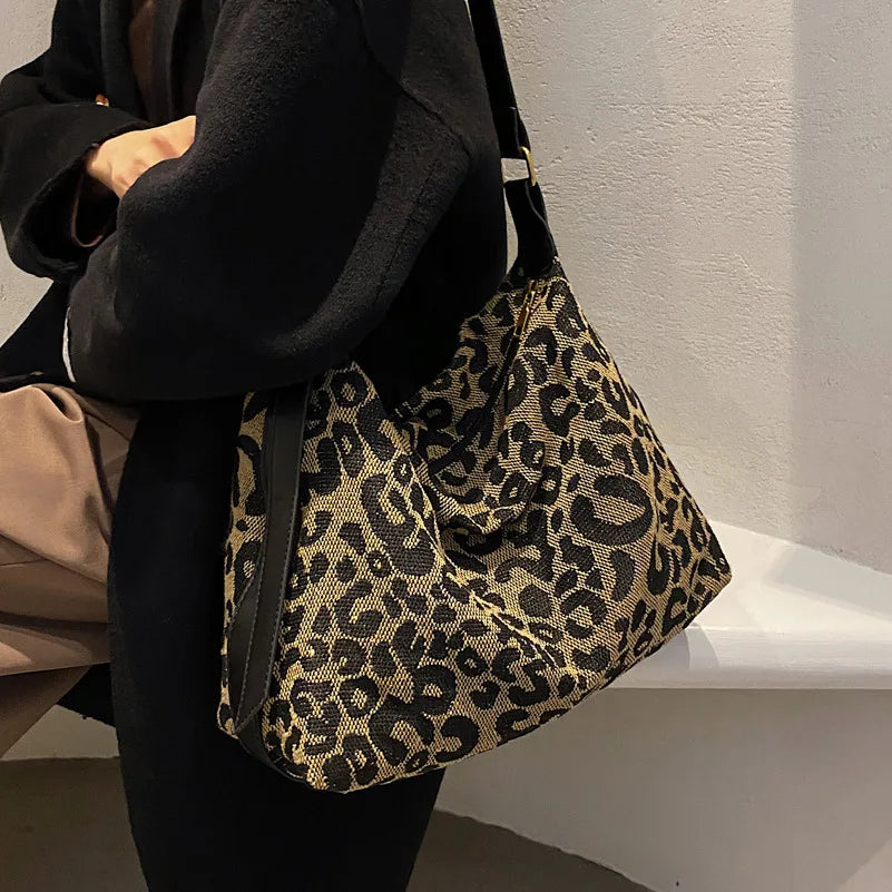 Leopard Print Shoulder Bag for Women Canvas Tote Handbag