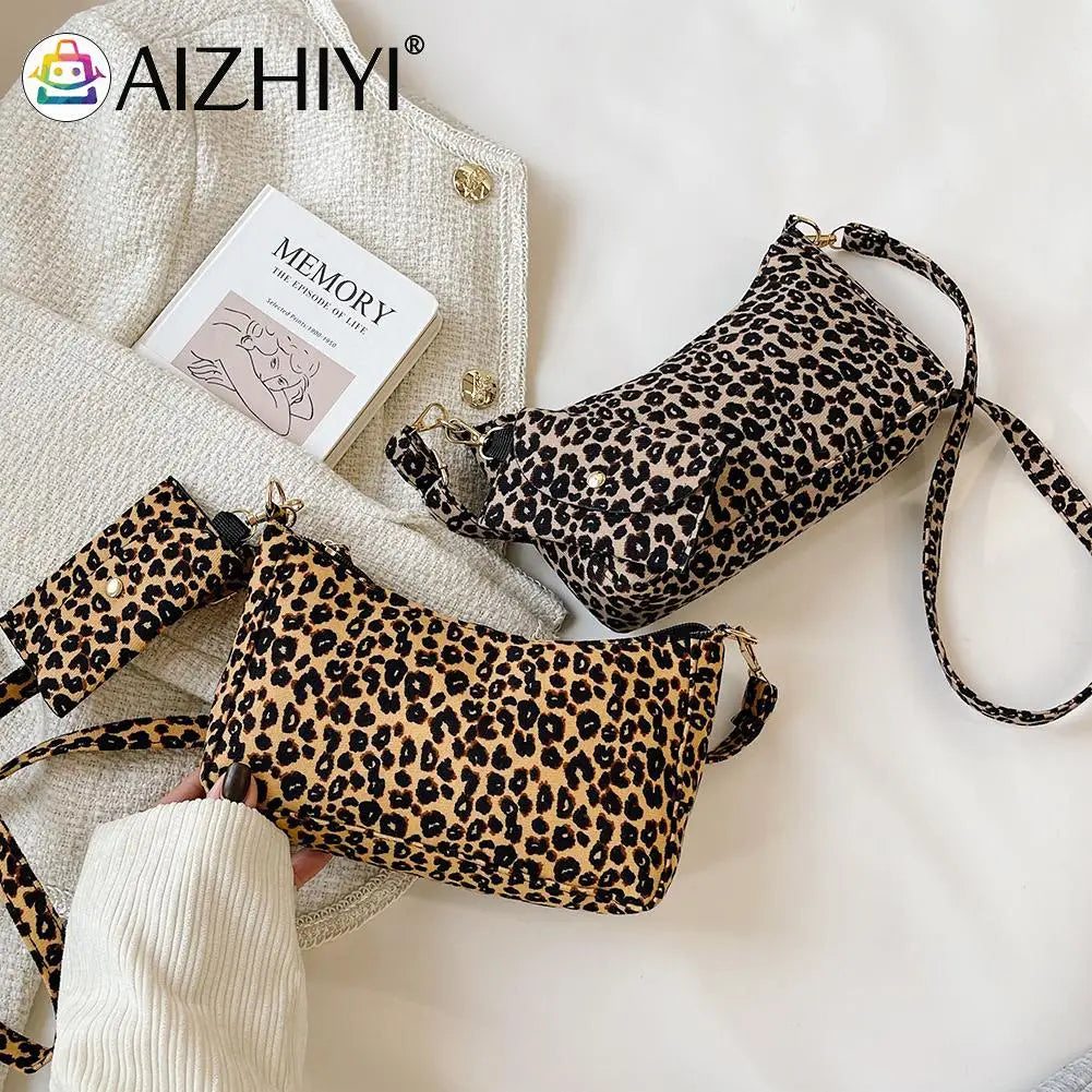 Leopard Print Messenger Bag with Mini Purse - Small Crescent Handbag