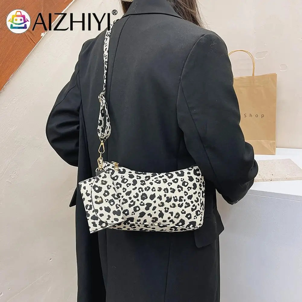 Leopard Print Messenger Bag with Mini Purse - Small Crescent Handbag