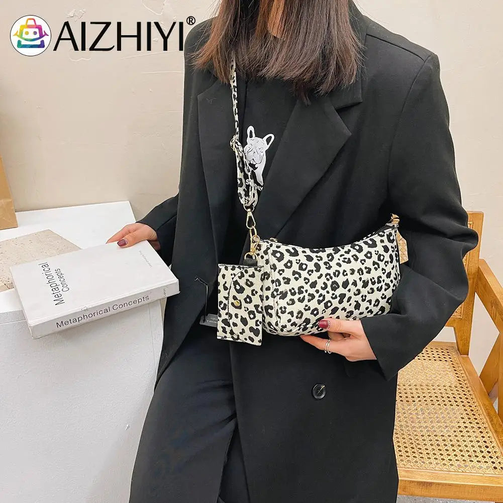 Leopard Print Messenger Bag with Mini Purse - Small Crescent Handbag