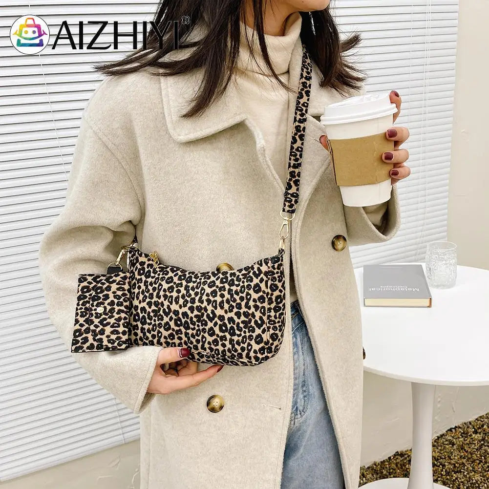 Leopard Print Messenger Bag with Mini Purse - Small Crescent Handbag