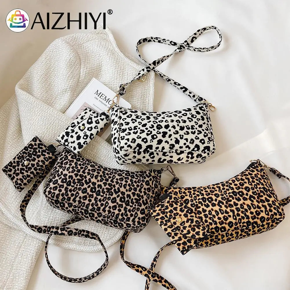 Leopard Print Messenger Bag with Mini Purse - Small Crescent Handbag