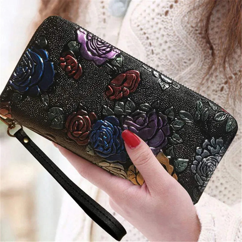 Women Long Wallet Leather 3D Embossing Clutch Bag Large Zipper Hangbags