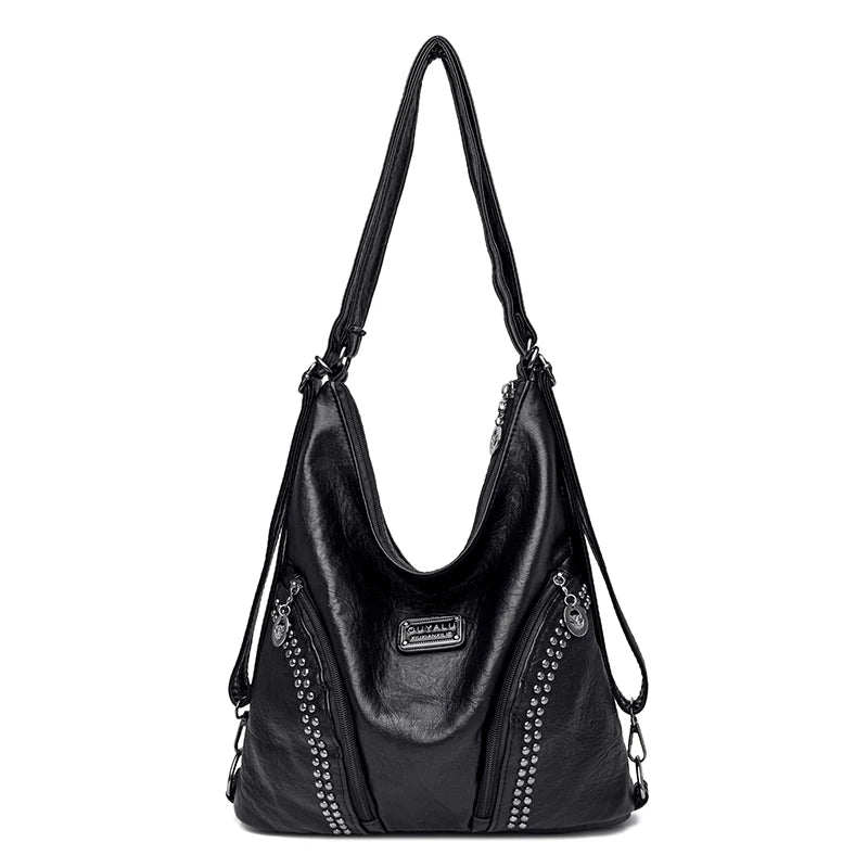 Soft Leather Rivet Shoulder Bag Multifunction Backpack Large Capacity