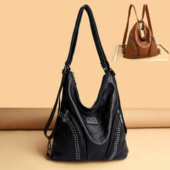 Soft Leather Rivet Shoulder Bag Multifunction Backpack Large Capacity