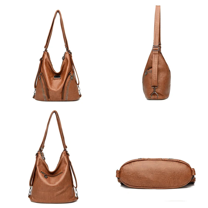Soft Leather Rivet Shoulder Bag Multifunction Backpack Large Capacity