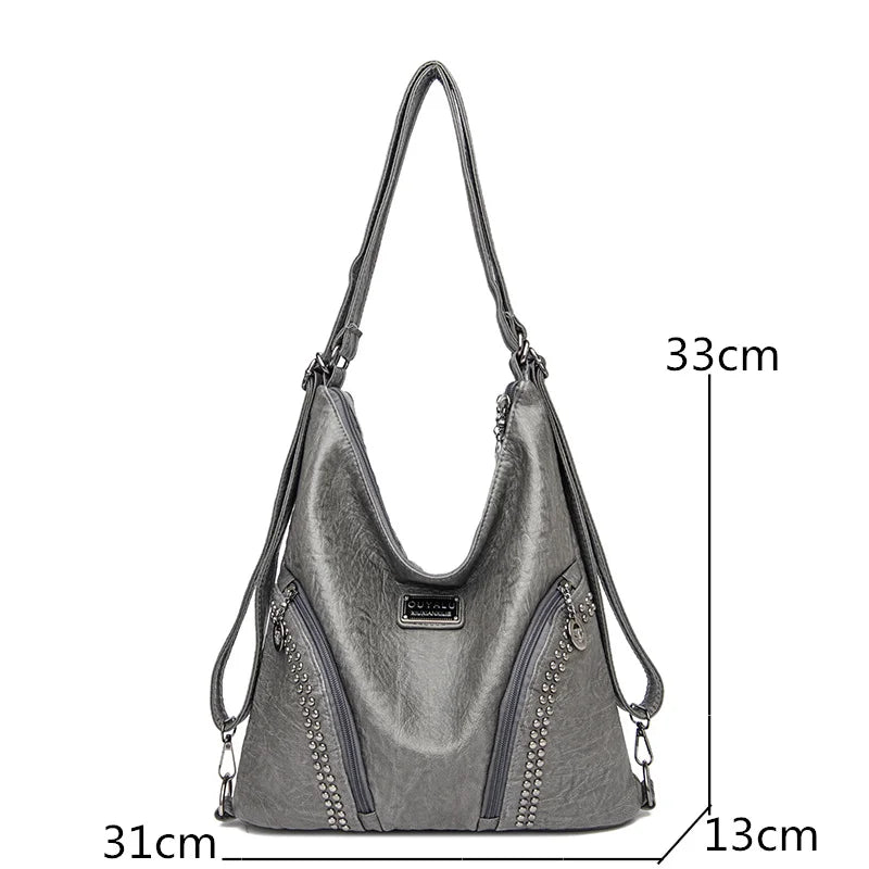 Soft Leather Rivet Shoulder Bag Multifunction Backpack Large Capacity