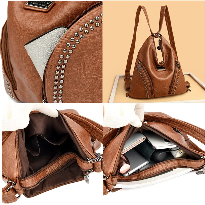Soft Leather Rivet Shoulder Bag Multifunction Backpack Large Capacity