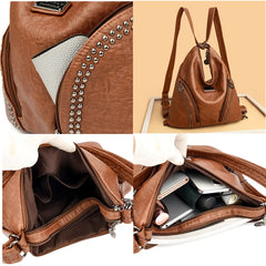 Soft Leather Rivet Shoulder Bag Multifunction Backpack Large Capacity