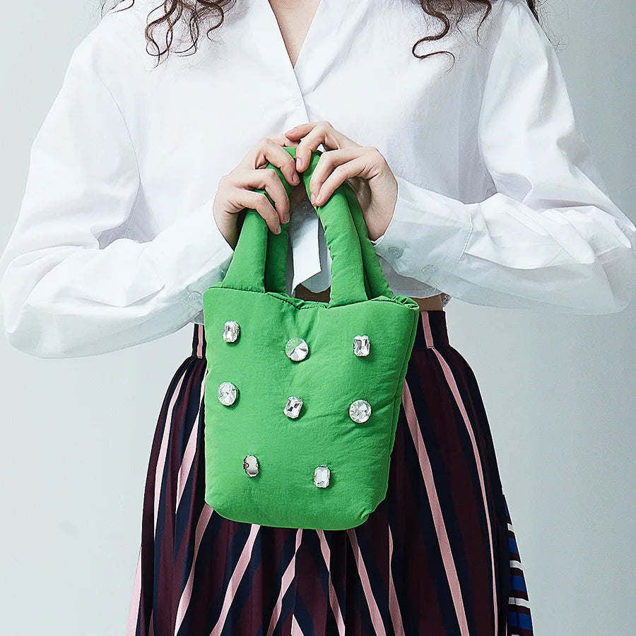 Women Shoulder Bags Diamond Puff Down Feather Bucket Handbag