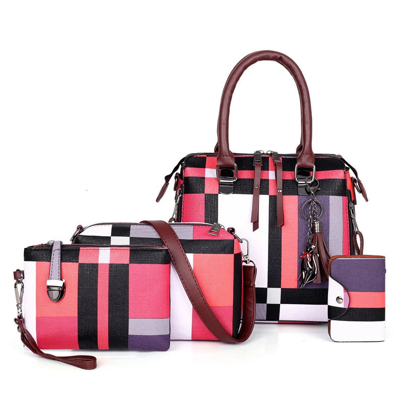 High Women Plaid Tassel Bag Female Summer Beach Bags 4pcs/set Composite Bags