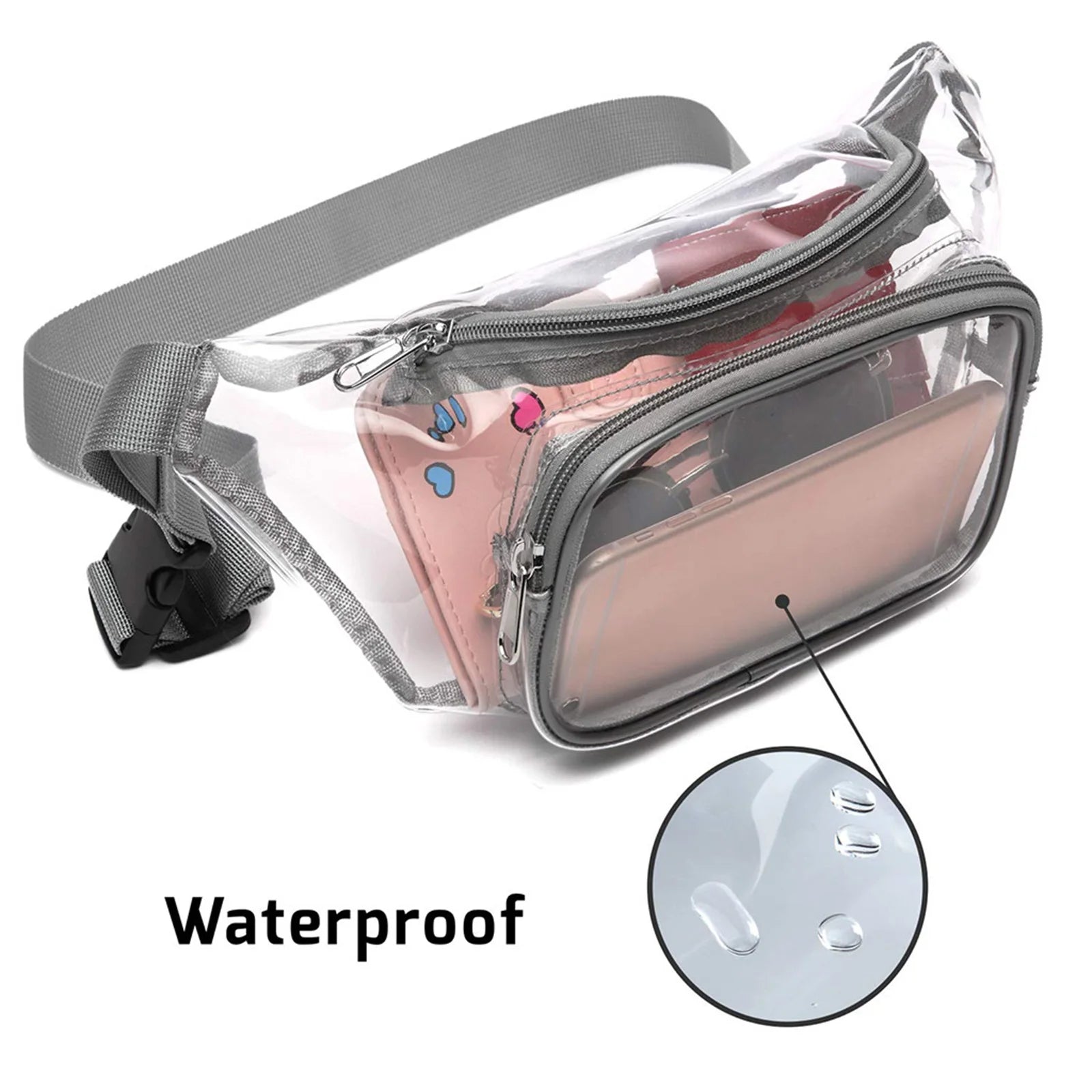 Stitching Clear Waist Bag, Double-Layer Zippers Waterproof Pack
