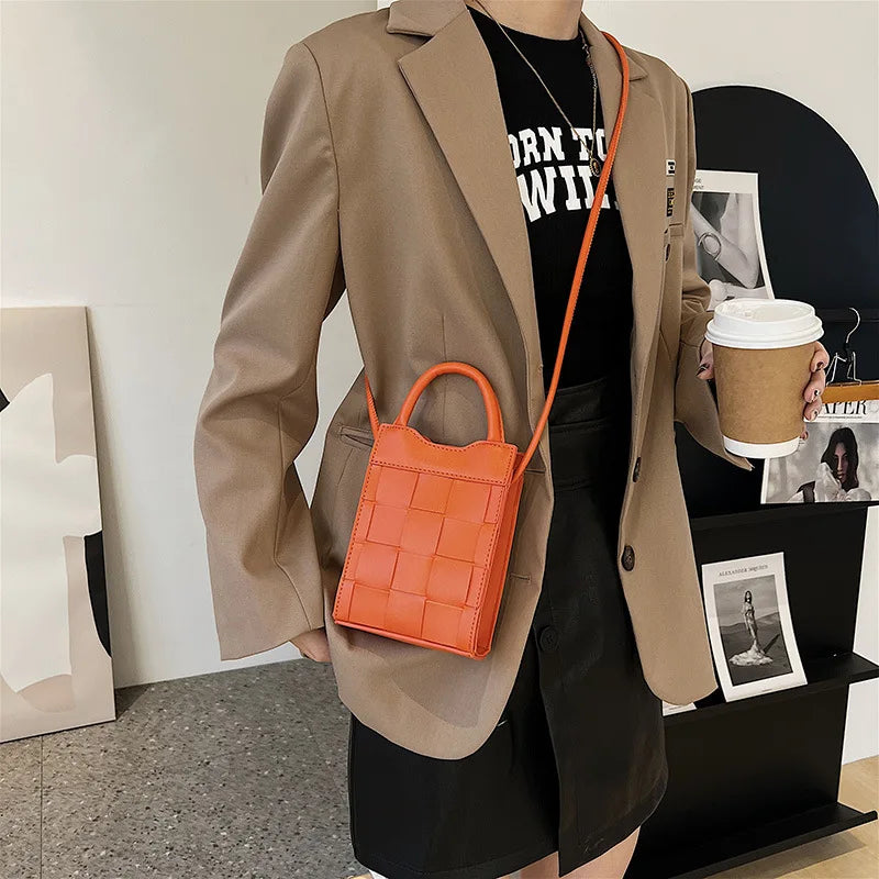 Women Messenger Phone Bag PU Leather Handbag Shoulder Bag Mini Weave