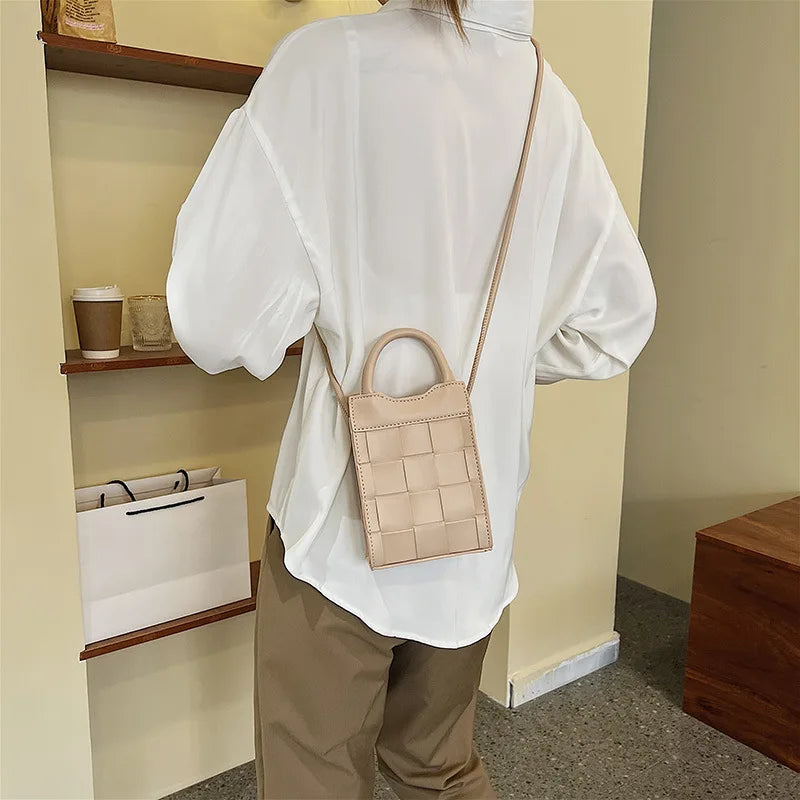 Women Messenger Phone Bag PU Leather Handbag Shoulder Bag Mini Weave
