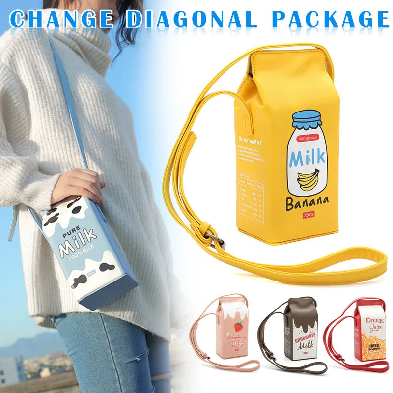 Women Milk Box Cartoon Shoulder Bag Girls Crossbody Bags Phone Bag